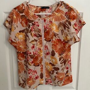 Floral Print Blouse - Orange and Brown